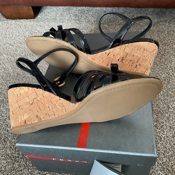 Prada Leather Bow Cork Wedge Sandals-Black-Size 8-Sharp - Picture 2 of 8